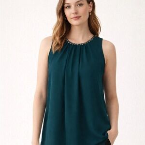 Violet + Claire Green Beaded Neckline Blouse Womens S Crepe Career Modest Fairy